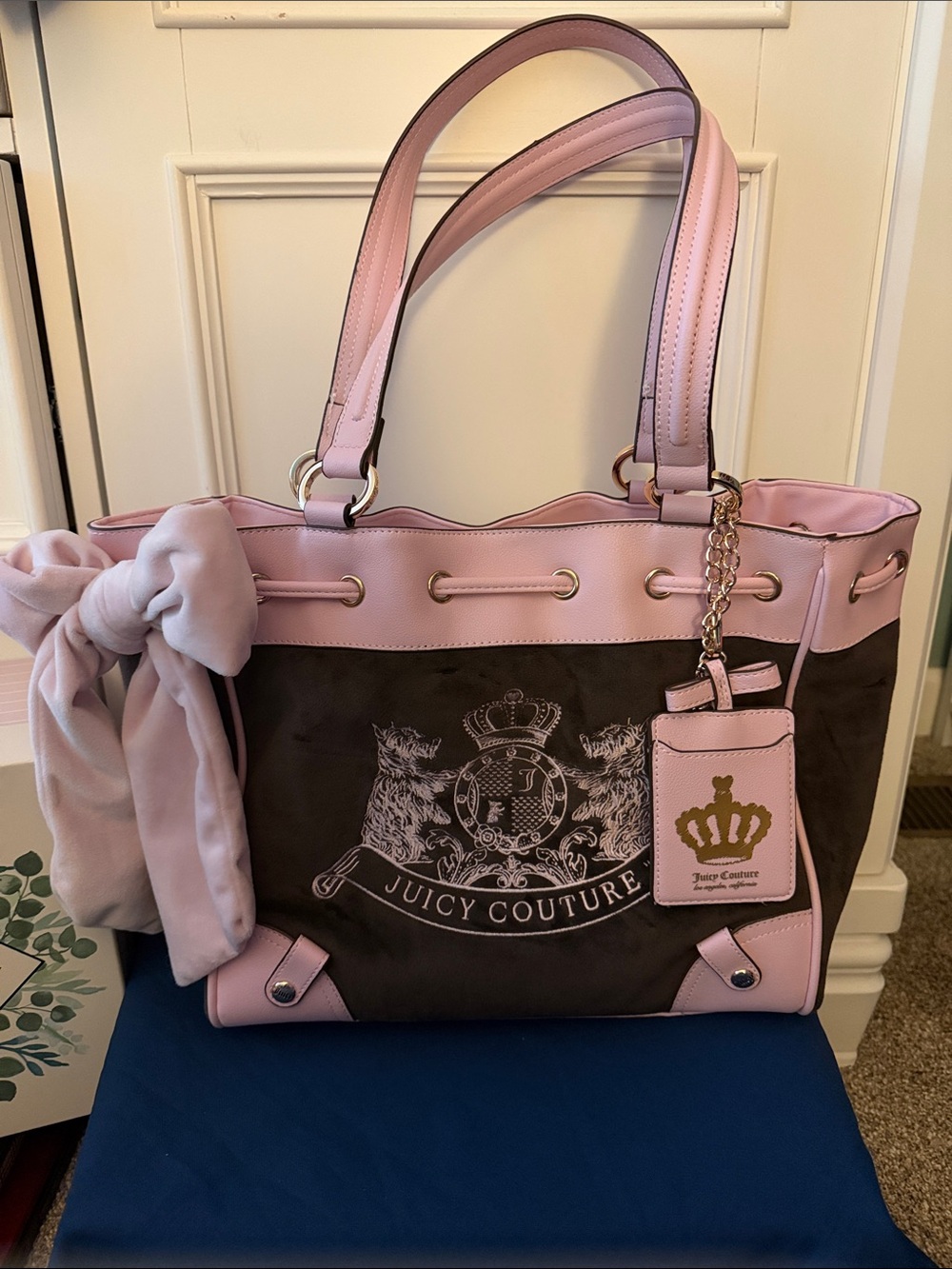 Juicy Couture Pink and Brown Logo Tote with Bow Accent